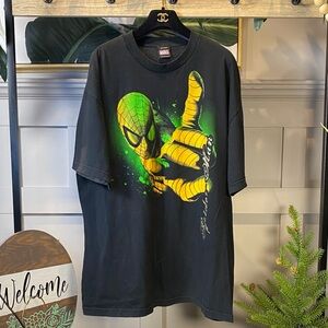 Spiderman Shirt Mens XL Green/Yellow/Black Script Mad Engine Tag VTG